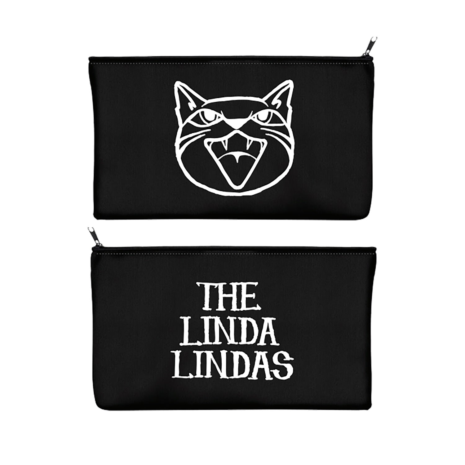 Two black zippered pouches by The Linda Lindas: one is a pencil case with a white, stylized open-mouthed cat face, and the other features THE LINDA LINDAS printed in bold white letters.