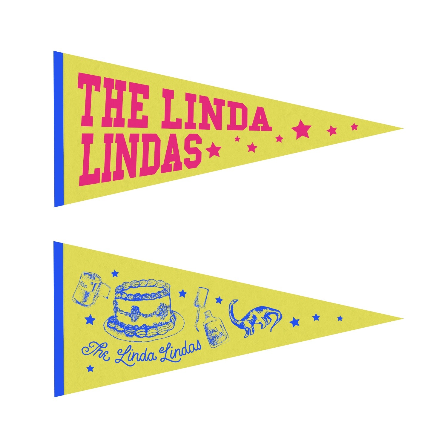 Two yellow pennant flags from The Linda Lindas: one with “THE LINDA LINDAS” in bold pink letters and stars, the other with blue illustrations of a cake, drinks, a cat, and the band’s name in script—ideal for college decor.