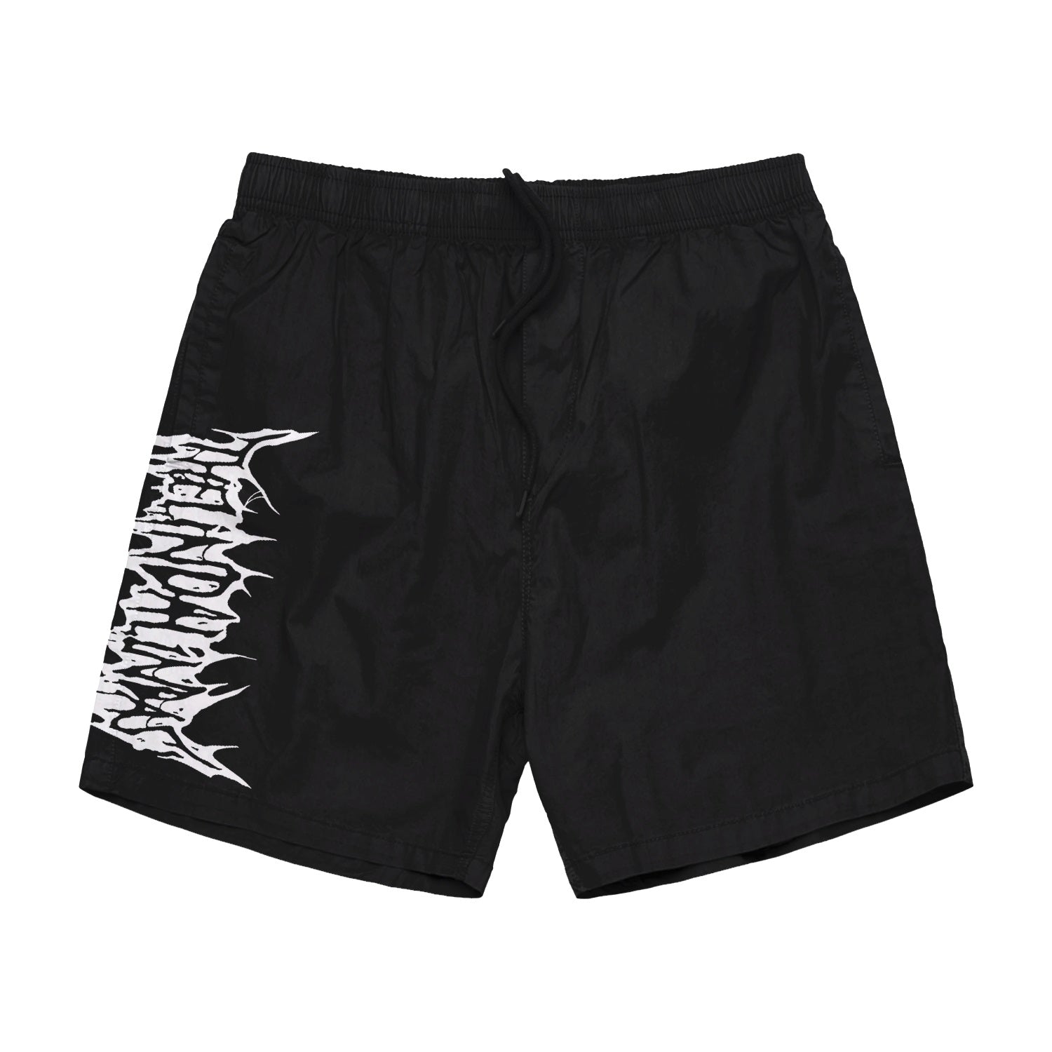 Black The Linda Lindas ASColour 5903 shorts with an elastic waistband, drawstring, and bold white stylized text graphic on the left leg. The shorts are displayed flat on a white background.