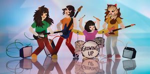 image of the linda lindas as cartoon cats playing instruments
