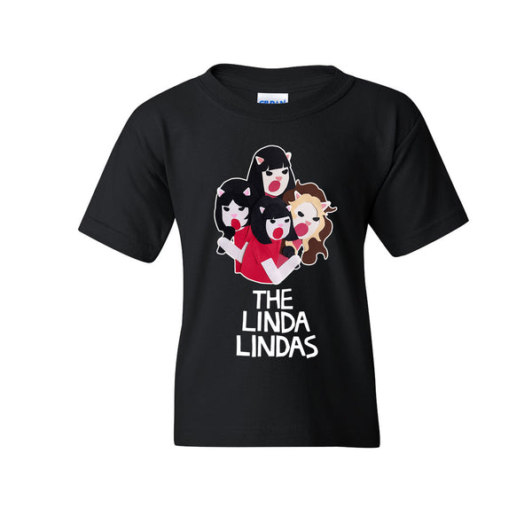The Linda Lindas black Gildan Heavy Cotton Youth T-Shirt features a cartoon print of four girls with cat ears, red cheeks, and various hair colors, with "THE LINDA LINDAS" in white text below.