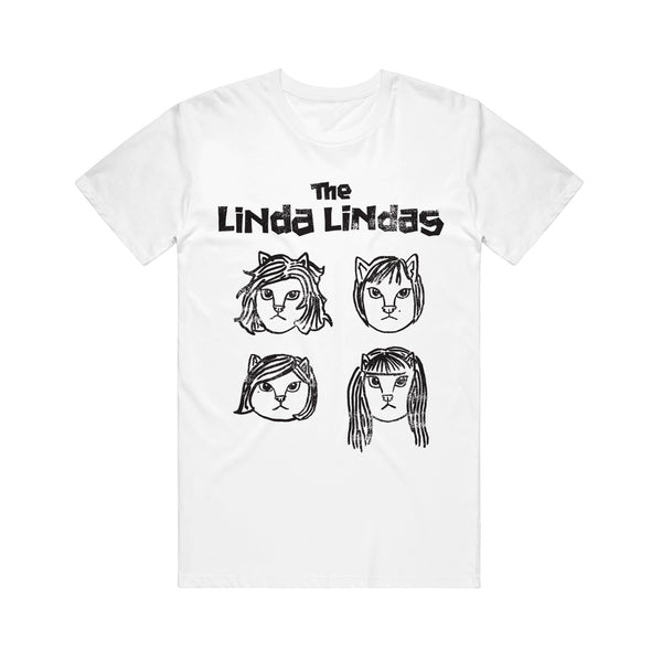 The Linda Lindas white T-shirt for Summer Vacation 2024 features black text "The Linda Lindas" above four hand-drawn cat-faced figures with unique hairstyles, each wearing a headband or bow.