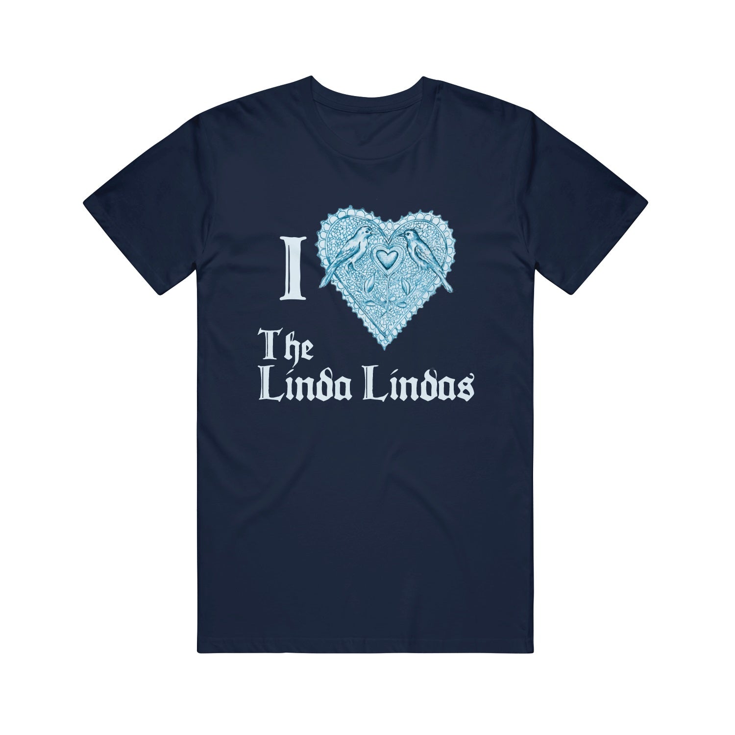 The Linda Lindas navy blue t-shirt features “I [heart] The Linda Lindas” text with an ornate light blue heart accented by two birds and decorative patterns—ideal for fans of distinctive printed tees.