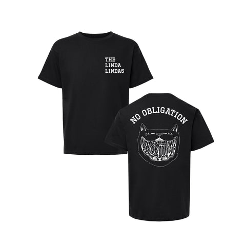 the linda lindas Smiling Cat - Youth Black T-Shirt front and back