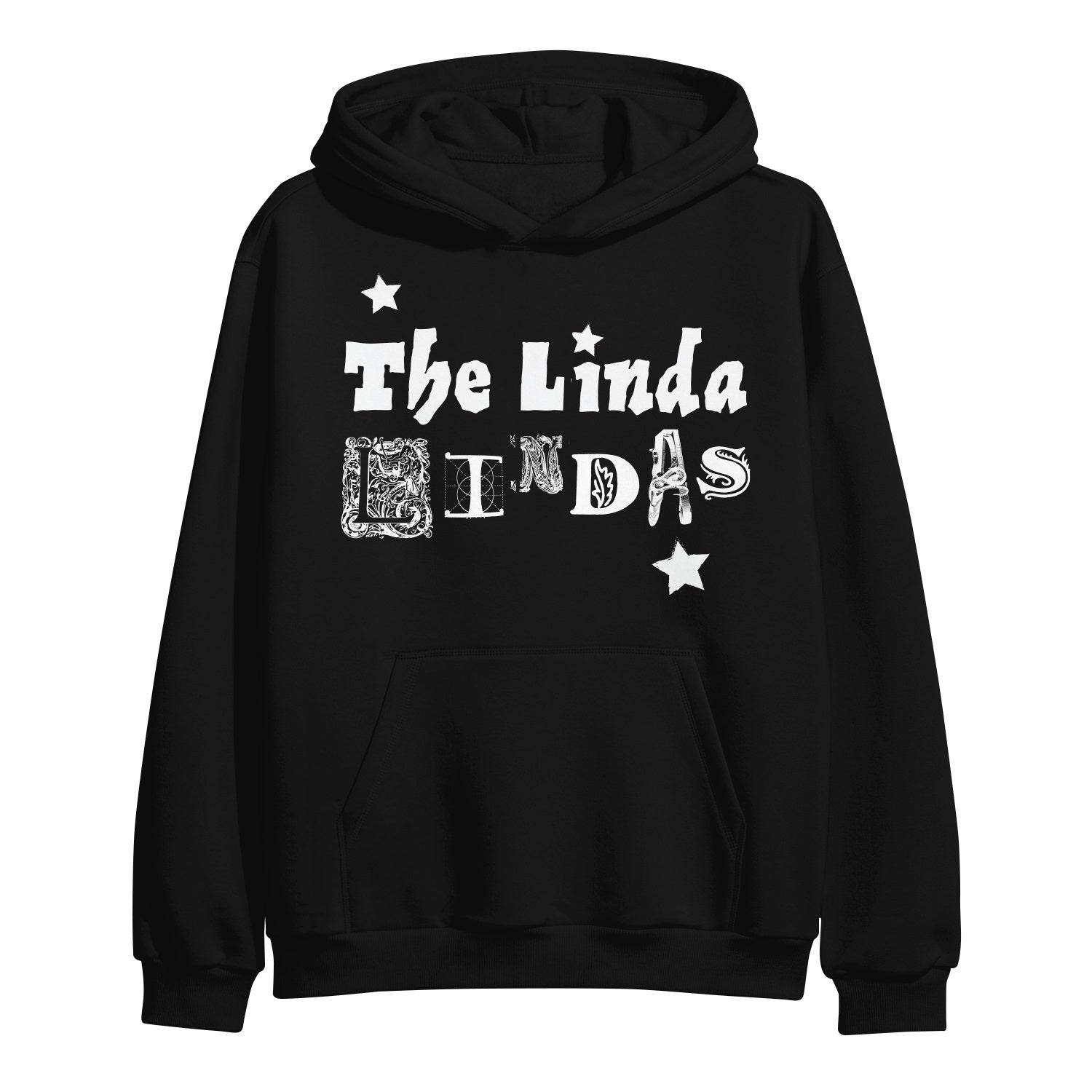 The Linda Lindas black unisex pullover hoodie features playful white “The Linda Lindas” text and three white stars on the front.