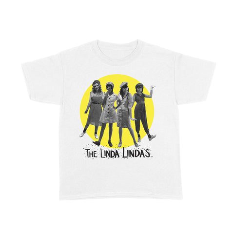 Image of a white tshirt against a white background. The center of the shirt features a yellow circle- inside the circle is a black and white image of the linda lindas standing and facing the camera. Below that in black thin writing reads "the linda Lindas".