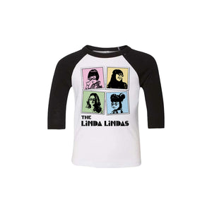 Image of a white raglan tee with black sleeves against a white background. The raglan features 4 polaroid photos on the front- one for each member of the Linda Lindas. The top left photo is pink, the top right is yellow, the bottom left green, and the bottom right blue. Each member is wearing sunglasses, facing the camera, and is shown from the shoulders up. Below this in black text reads "the linda lindas".