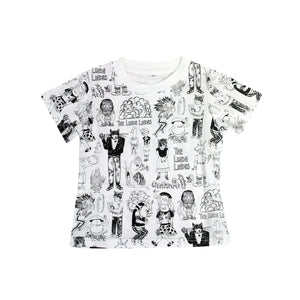  image of a white tee against a white background. The tee has black print all over of the linda lindas art work featuring cats, lions, ducks and other random animal heads on human bodies