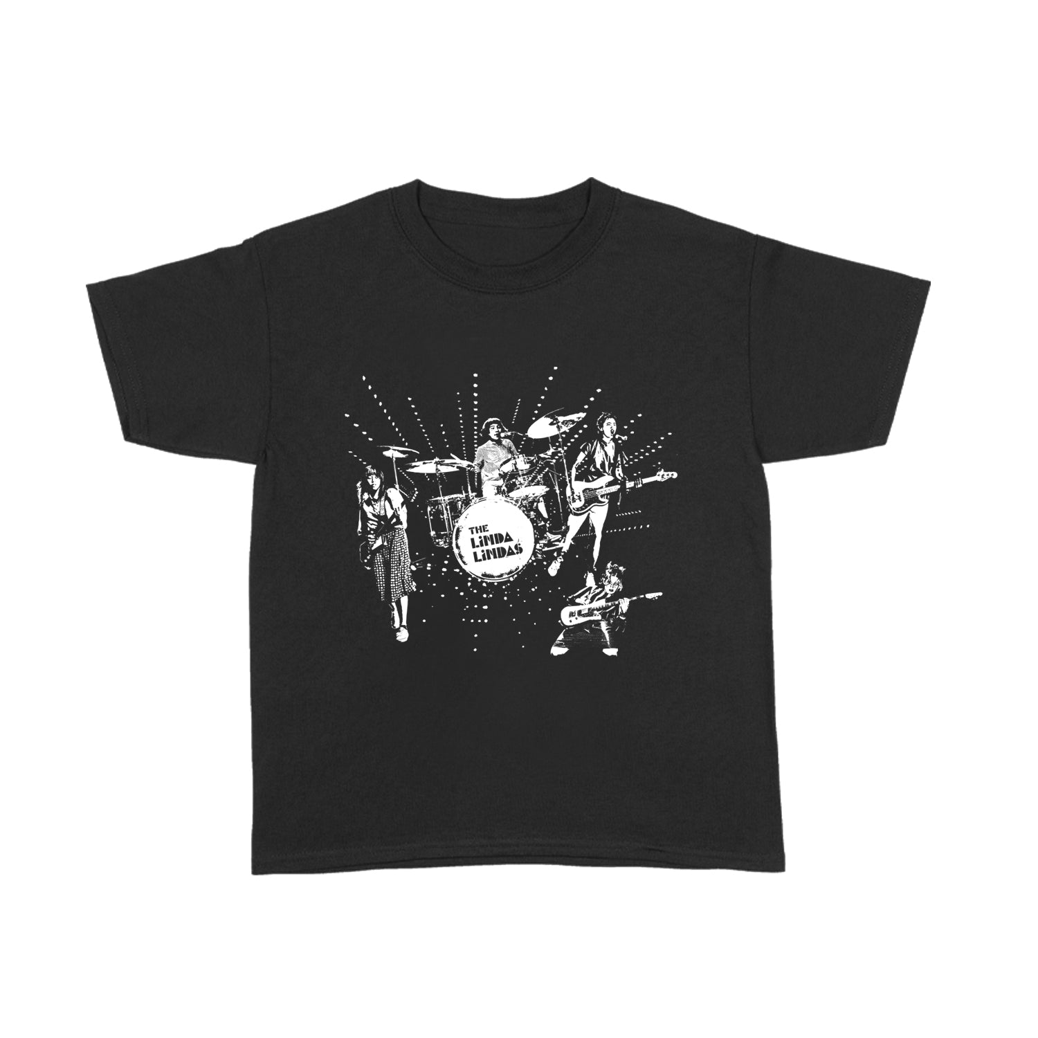 image of a black tee shirt on a white background. tee has center chest print in white of the four members of the band the linda lindas playing their instruments during a live concert