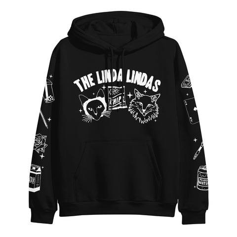 image of a black pullover hoodie on a white background. hoodie has center front print in white that says the linda lindas with two cats. each sleeve has white prints of a milk carton, wants, rose, cards, etc.