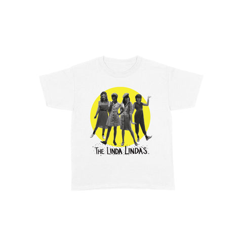 Image of a white tshirt against a white background. The center of the shirt features a yellow circle- inside the circle is a black and white image of the linda lindas standing and facing the camera. Below that in black thin writing reads "the linda Lindas".