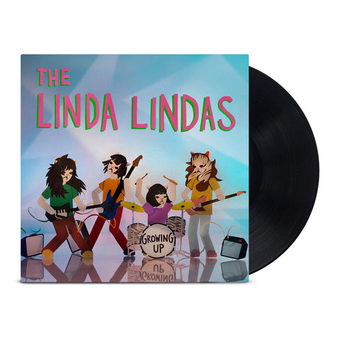 Image of a vinyl sleeve with a black vinyl sticking halfway out of the sleeve against a white background. In a red/pink text with a green outline reads "the linda lindas". Below that is an image of 4 colorful cartoon characters representing the linda lindas playing guitar, bass, and drums. in black text, The bass drum says growing up. The background on the album cover is a mix of blue, purple, and green. 