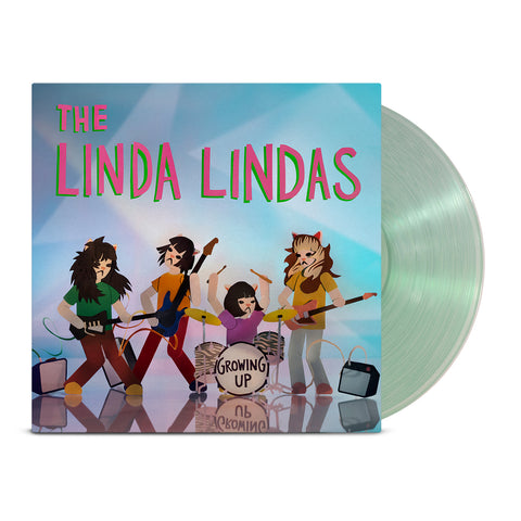 Image of a vinyl sleeve with a coke bottle light green colored vinyl sticking halfway out of the sleeve against a white background. In a red/pink text with a green outline reads "the linda lindas". Below that is an image of 4 colorful cartoon characters representing the linda lindas playing guitar, bass, and drums. in black text, The bass drum says growing up. The background on the album cover is a mix of blue, purple, and green. 