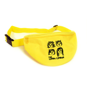 image of a yellow fanny pack on a white background. black embroidery on the front of the bag of the four members of the band as cats and across the bottom says the linda lindas