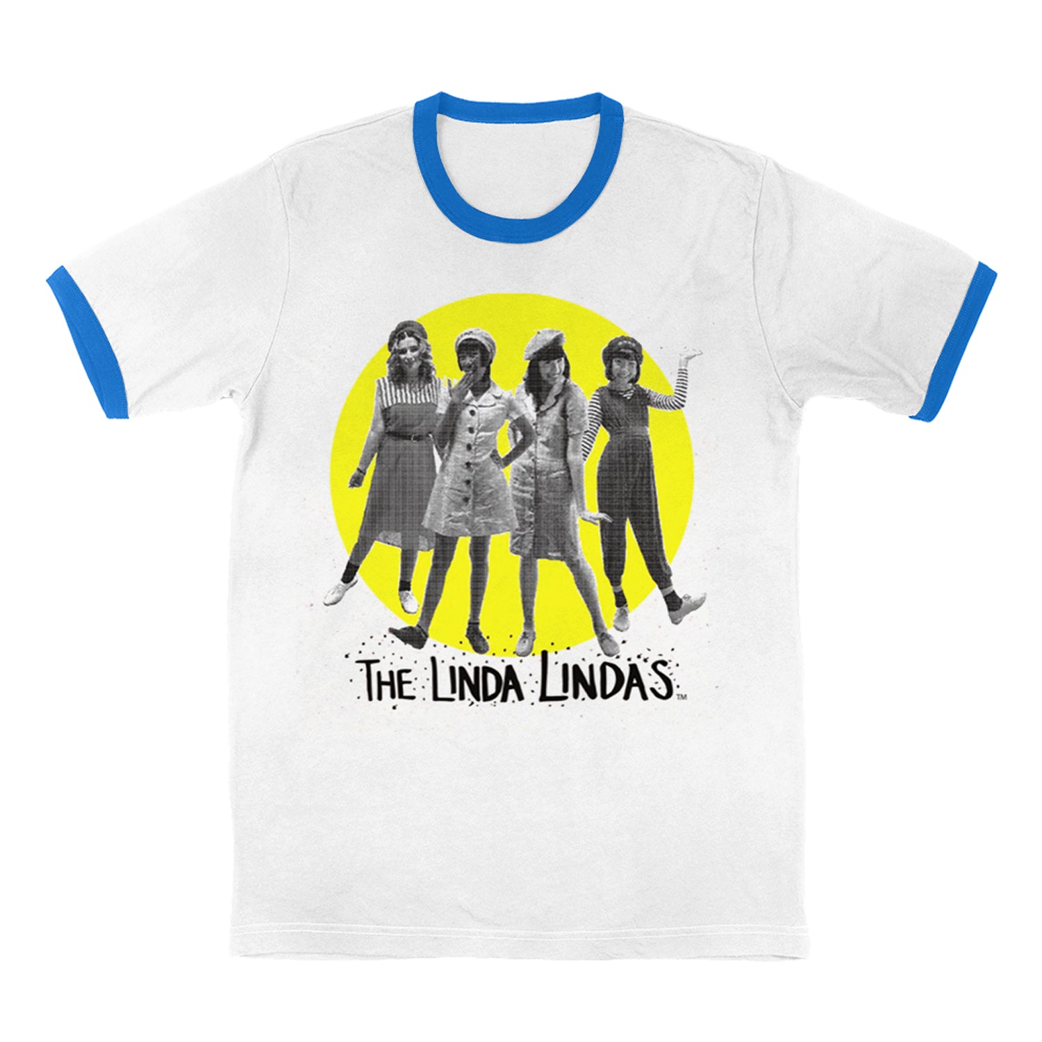 Image of a white tshirt against a white background. The center of the shirt features a yellow circle- inside the circle is a black and white image of the linda lindas standing and facing the camera. Below that in black thin writing reads "the linda Lindas". The cuffs of the sleeves and the neckline of the tee are blue.