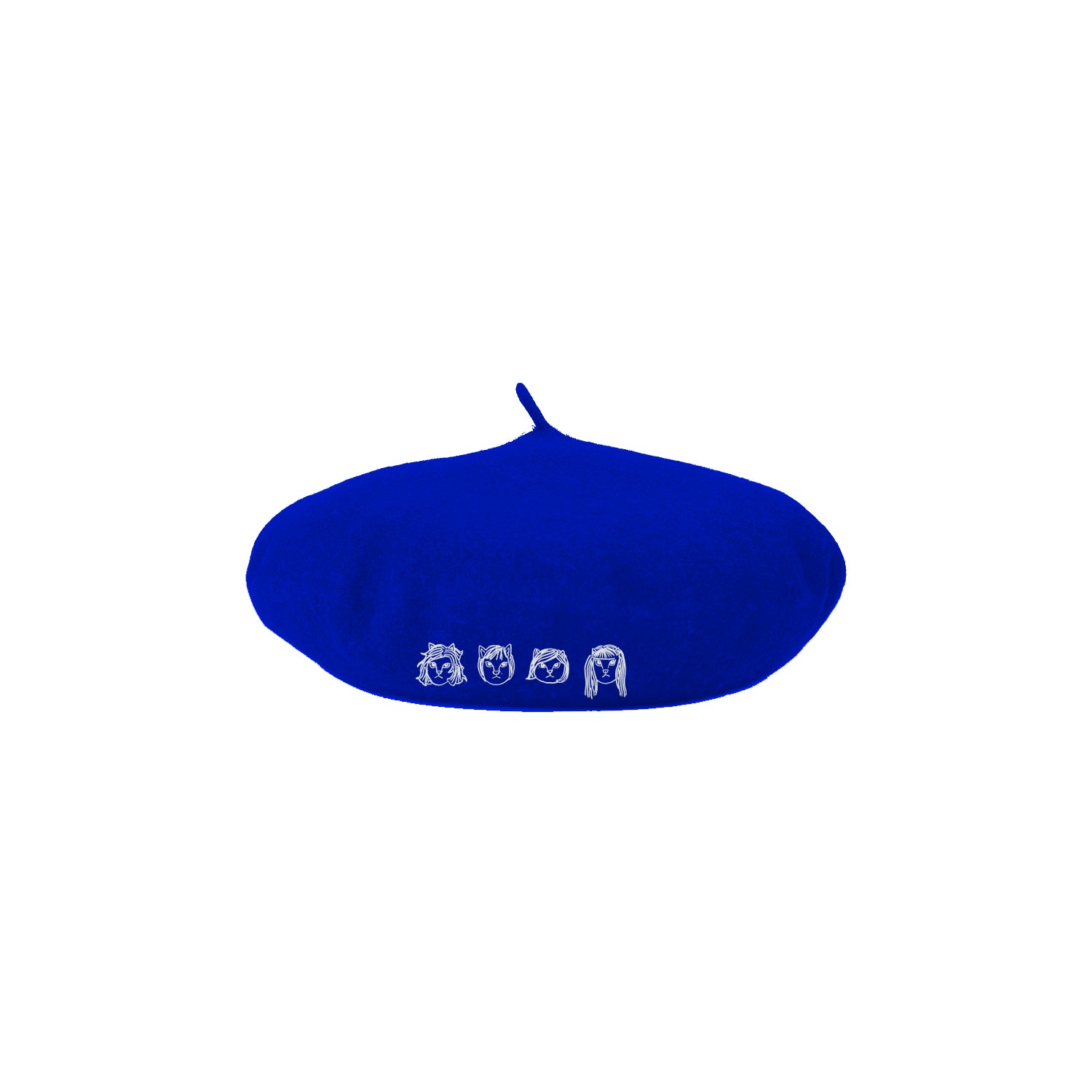  Image of a blue beret hat against a white background. The hat features drawings of 4 different cat faces in white- three have shorter hair and one has longer hair. Below this in white text reads "the linda lindas". The cat faces are embroidered.
