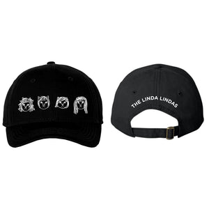 front and back image of a black dad hat on a white background. front of the hat is on the left and has the linda linda members as cats embroidered in white across the front. the back of the dad hat is on the right and has white embroidery that says the linda lindas