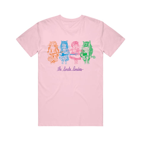 image of a pink tee shirt on a white background, front of tee has center chest print in multicolors of the band the linda lindas as cat characters holding their instruments. 