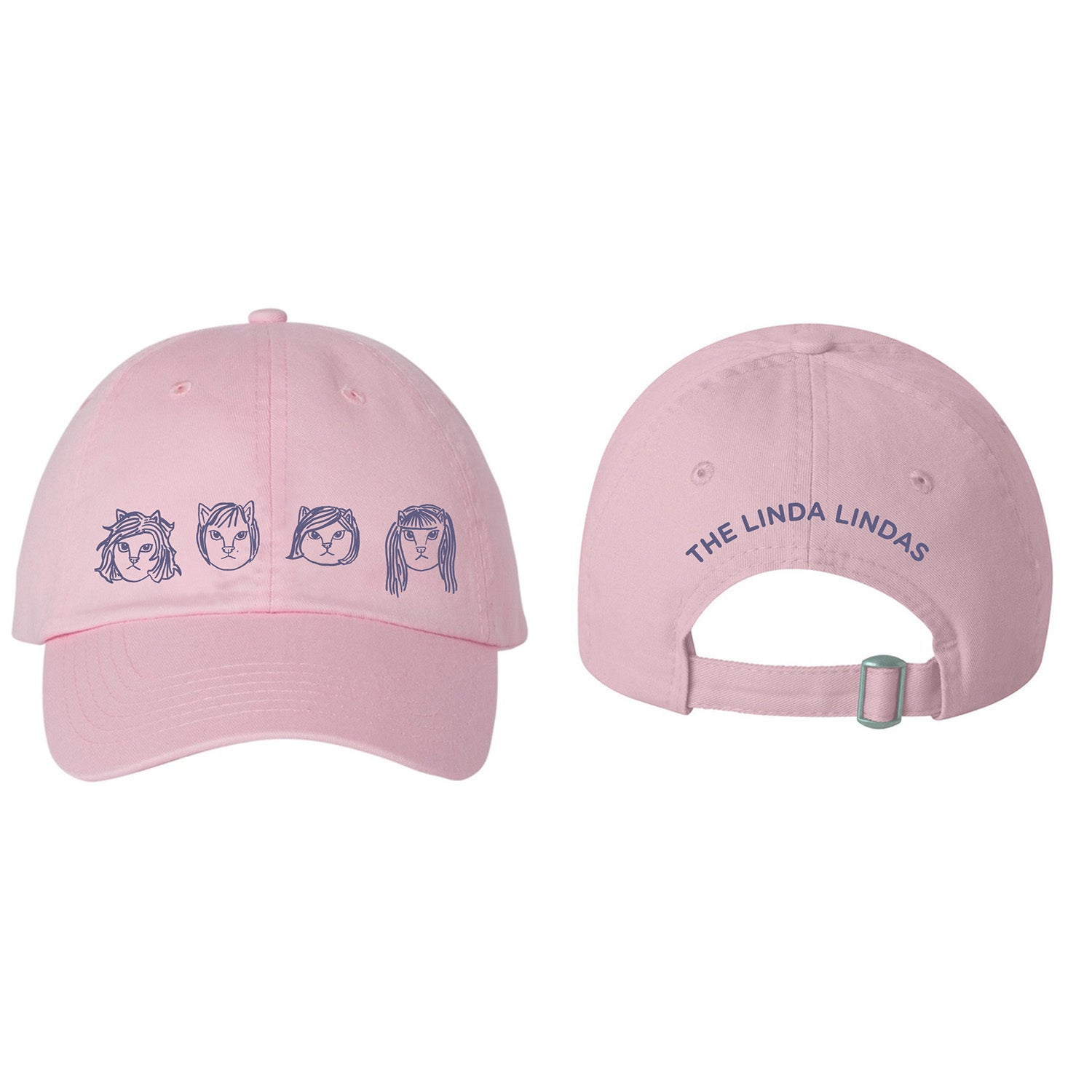 front and back image of a pink dad hat on a white background. front of the hat is on the left and has the linda linda members as cats embroidered in purple across the front. the back of the dad hat is on the right and has purple embroidery that says the linda lindas