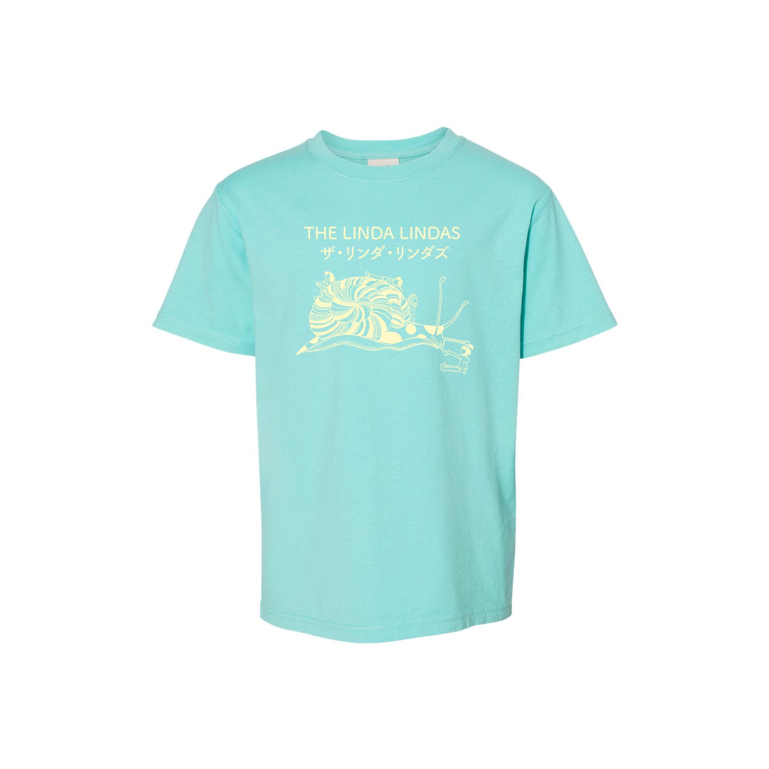 image of a mint tee shirt on a white background. front of tee has cream print of a snail. across the top chest says the linda lindas