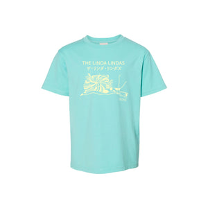 image of a mint tee shirt on a white background. front of tee has cream print of a snail. across the top chest says the linda lindas