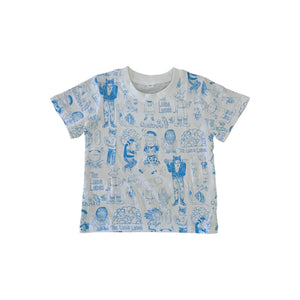  image of a white/greyish tee against a blue background. The tee has blue print all over of the linda lindas art work featuring cats, lions, ducks and other random animal heads on human bodies