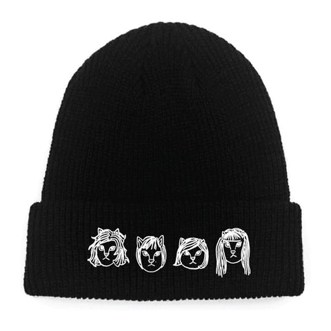 image of a black winter beanie on a white background. white embroidery on the front cuff of the four members of the band as cats