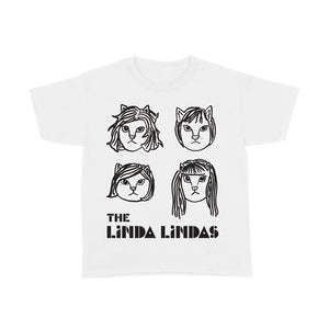 Image of a white tshirt against a white background. The tee features drawings of 4 different cat faces in black- three have shorter hair and one has longer hair. Below this in black text reads "the linda lindas".