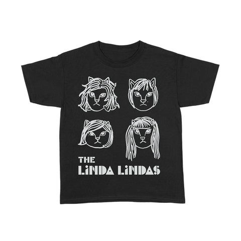 Image of a black tshirt against a white background. The tee features drawings of 4 different cat faces in white- three have shorter hair and one has longer hair. Below this in white text reads "the linda lindas".