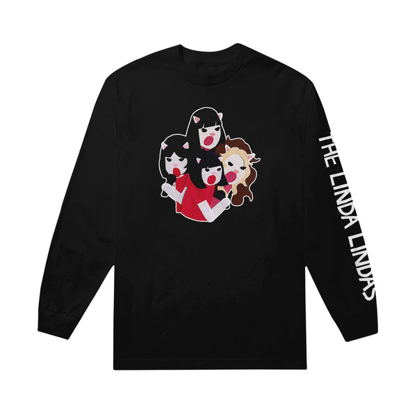 image of the front of a black long sleeve tee shirt on a white background. The center of the front of the tee features a graphic of 4 cats singing. They are drawn from the waist up and all have dark colored hair and red tshirts. Below that in large black text (one word per line) reads "the linda lindas". 