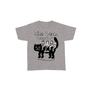 Image of a grey tshirt against a white background. across the chest In white handwritten letters with a black outline reads "the linda lindas". below that is a graphic of a black cat. on his belly it says "nino" in white letters. On top of the cat is a black and white drawing of 4 girls waving. They are wearing black and white patterned clothing consisting of polka dots, stripes, plaid, and checkers. Below this graphic in black text reads "the friendliest cat you'll meet". 