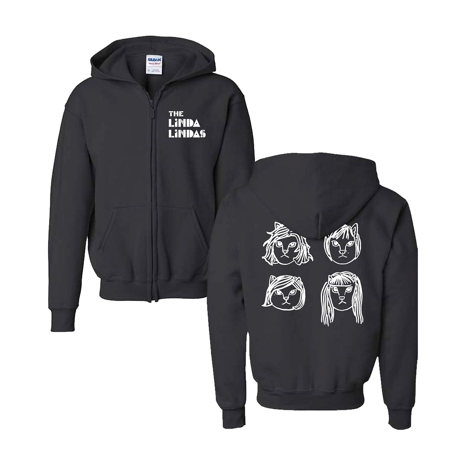 Image of the front and back of a black zip up hoodie against a white background. The front of the zip up on the left chest says the linda lindas in white blocky text. The back of the hoodie features drawings of 4 different cat faces in white- three have shorter hair and one has longer hair. 