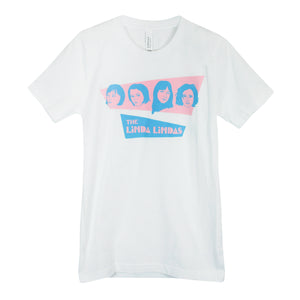 image of a white tee shirt on a white background. tee has center chest print of the four female members of the band, the linda lindas. below the images says the linda lindas