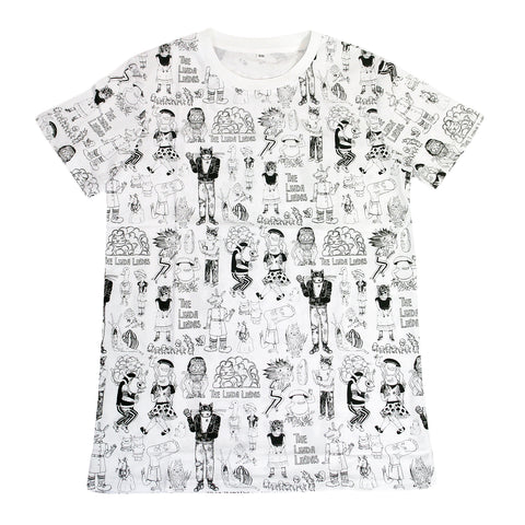  image of a white tee against a white background. The tee has black print all over of the linda lindas art work featuring cats, lions, ducks and other random animal heads on human bodies