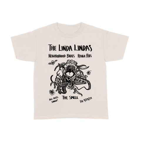 Image of the front of a white tshirt against a white background. Across the chest in black text reads "the linda lindas". Below that reads neighborhood brats, rough kits. Below this is a graphic of a monster playing guitar. There are a few flowers around the graphic. This is also in black. Below this in black text reads "all-ages show! The Smell. Fri 9/24/21.