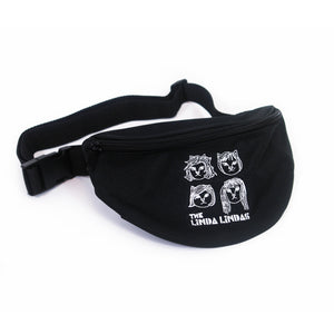 image of a black fanny pack on a white background. white embroidery on the front of the bag of the four members of the band as cats and across the bottom says the linda lindas