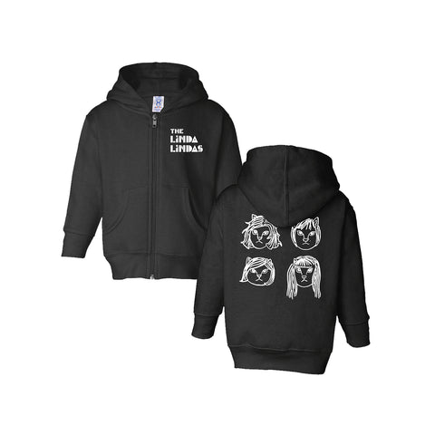 Image of the front and back of a black zip up hoodie against a white background. The front of the zip up on the left chest says the linda lindas in white blocky text. The back of the hoodie features drawings of 4 different cat faces in white- three have shorter hair and one has longer hair. 