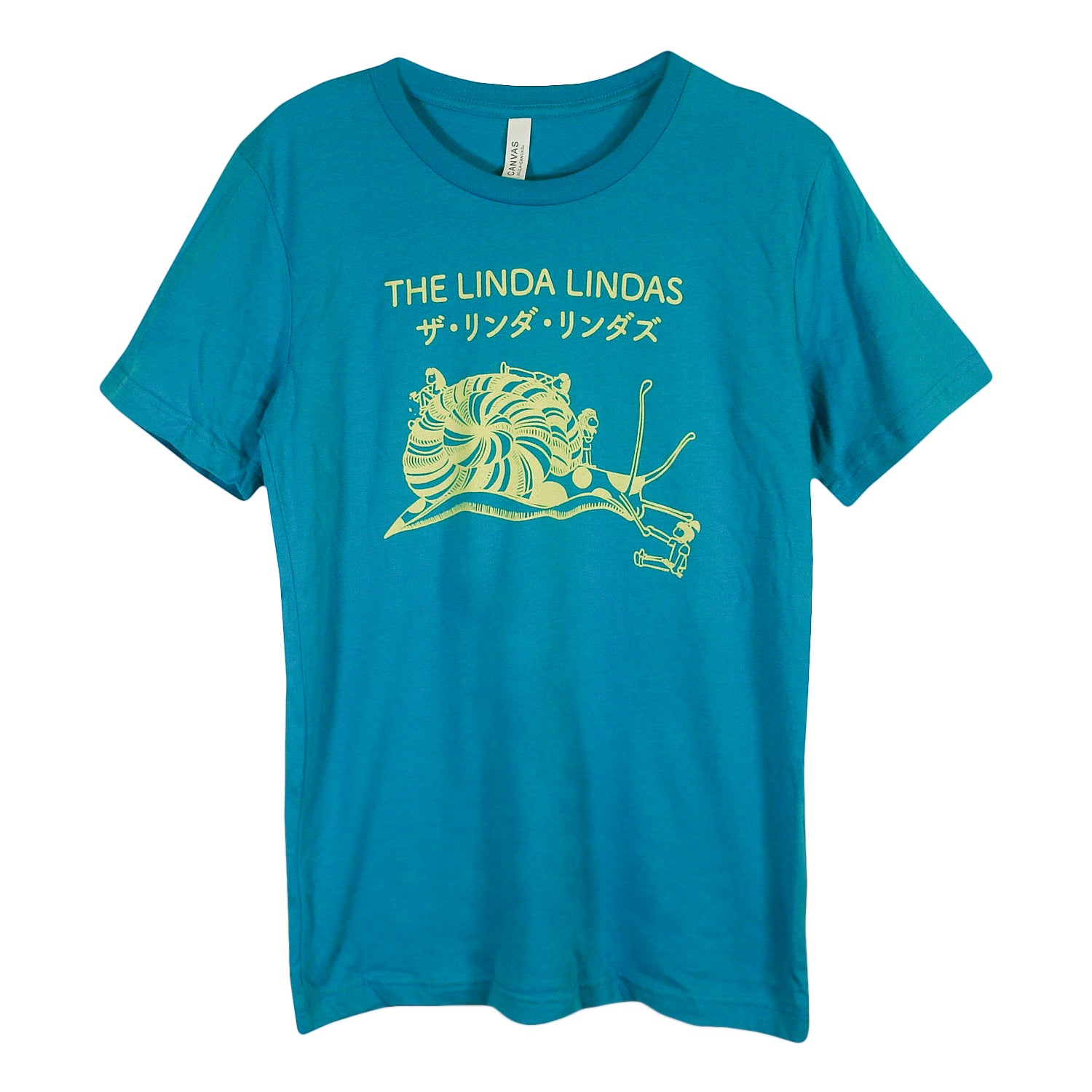 image of a teal tee shirt on a white background. front of tee has cream print of a snail. across the top chest says the linda lindas